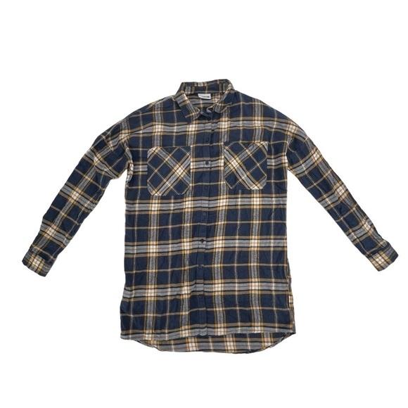 Noisy May Blue Yellow Oversized Flannel Button Up Shacket Shirt Size XS Women’s - Picture 1 of 7